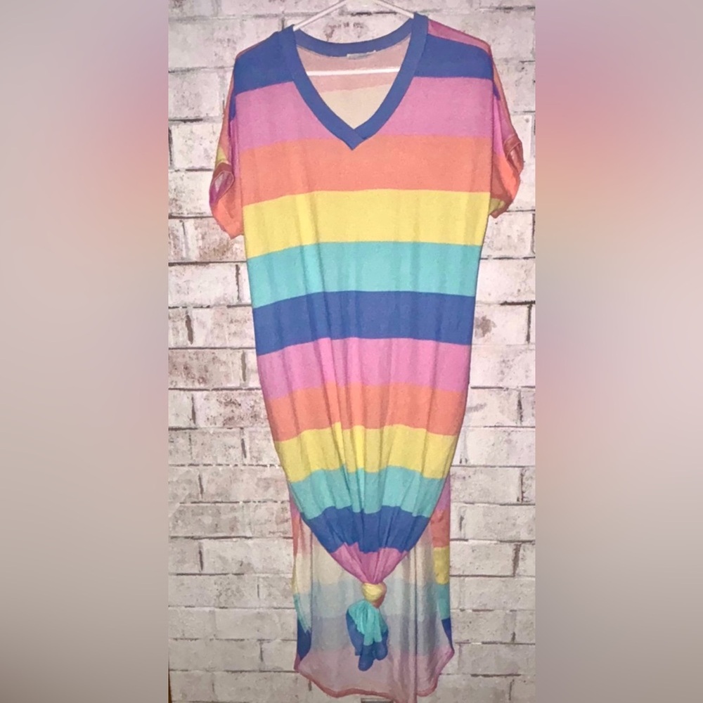 Bom Bom Rainbow Oversized T-shirt Maxi Dress Pockets Small Pastel Striped Cozy